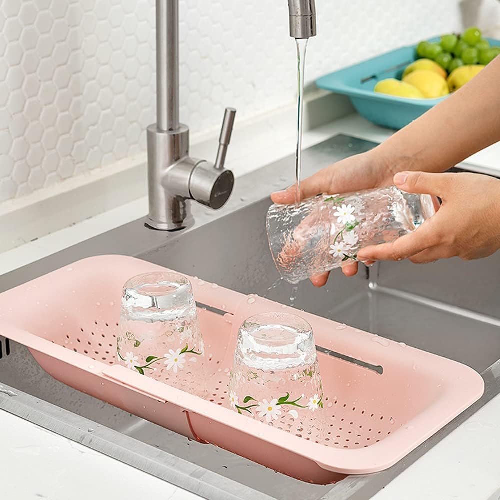 KesaPlan Collapsible Sink Colanders and Strainers Basket Over the Colander Extendable Plastic Fruit Vegetable Strainer Drainer for Kitchen(Length 14.3-19.4 inch)(Gray Set of 2)