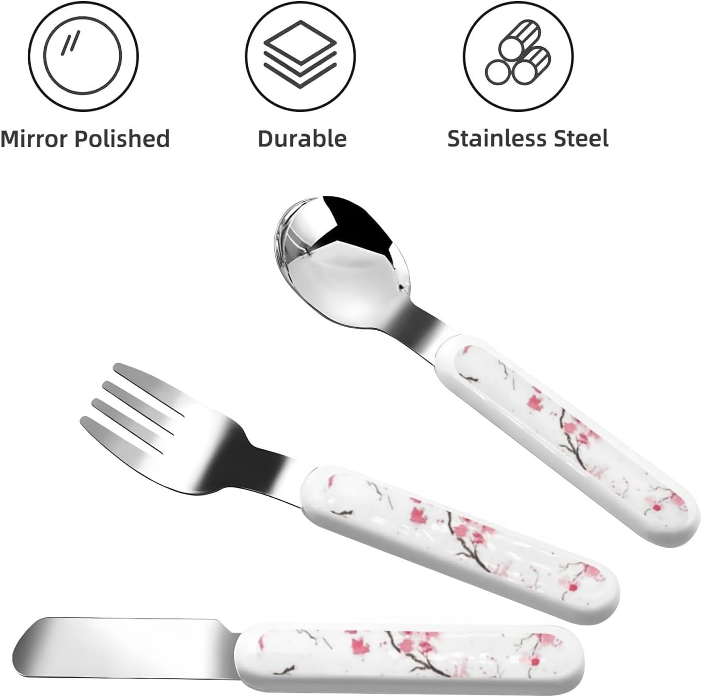 Stainless Steel Kids Silverware Set, Cherry Blossom Utensil Set Reusable Children Safe Knife Spoon Fork Set With Storage Case Dishwasher Safe For Lunch, Travel Outdoors