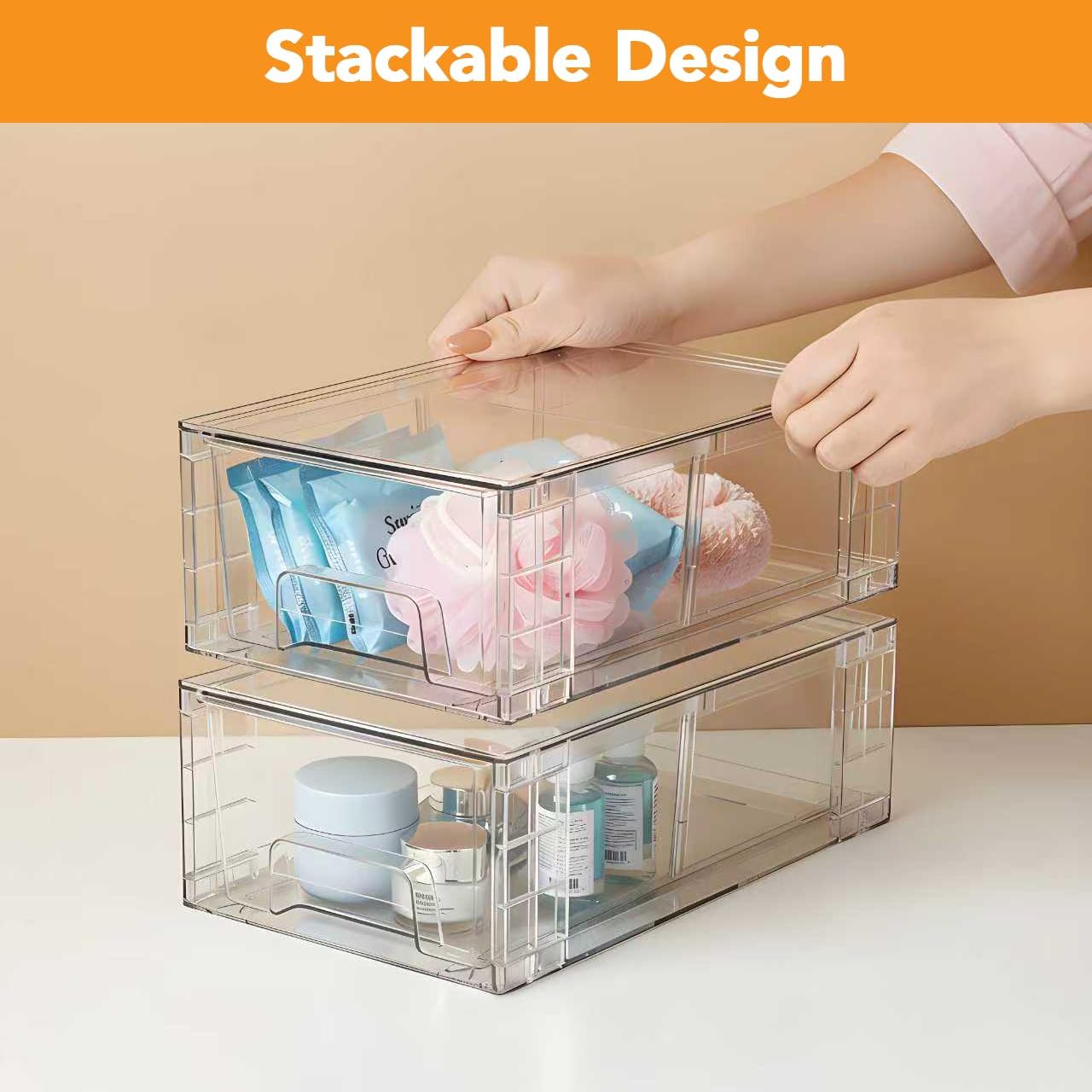 6 Pack Stackable Storage Drawers,Plastic Organizers Bins, Drawers Storage with Handles and Movable Dividers for Organization and Storage in Fridge,Bathroom, Pantry, Kitchen Cabinets, Under Sink