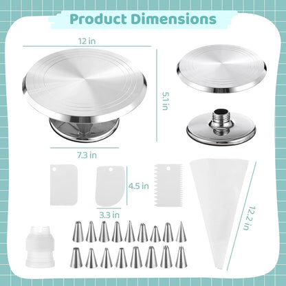 Aluminium Alloy Revolving Cake Stand Set, 12 in Cake Decorating Turntable with Piping Bag, 17 Piping Tips, 3 Plastic Scrapers, Coupler, Non Slip Rotating Platform for Baking and Decorating