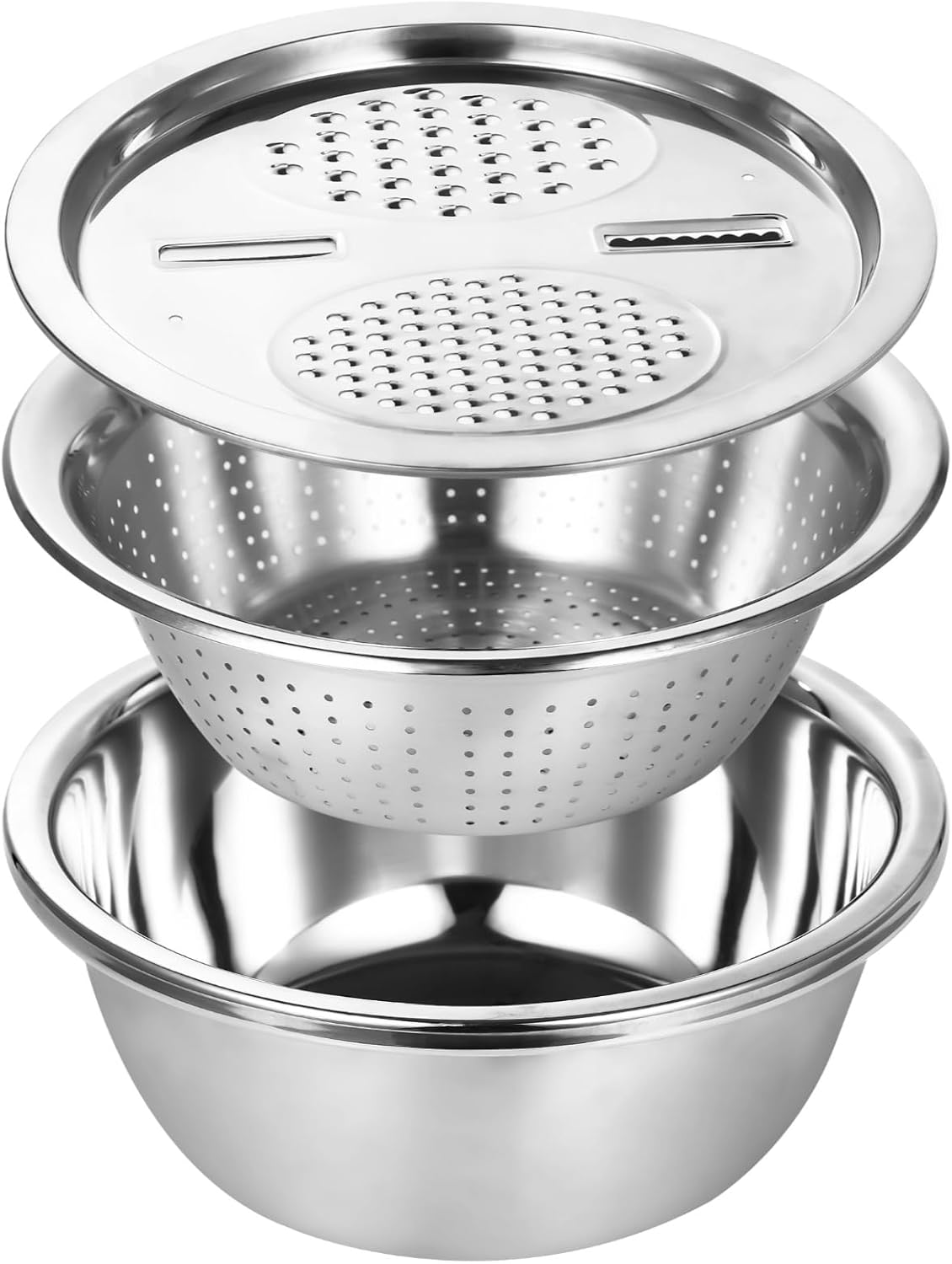 Multifunctional Stainless Steel Basin with Grater, 11 Inch Salad Maker Bowl, Vegetable Slicer Shredder Colander, Stainless Steel Grater Bowl Set for Kitchen