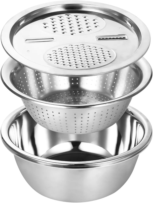 Multifunctional Stainless Steel Basin with Grater, 11 Inch Salad Maker Bowl, Vegetable Slicer Shredder Colander, Stainless Steel Grater Bowl Set for Kitchen