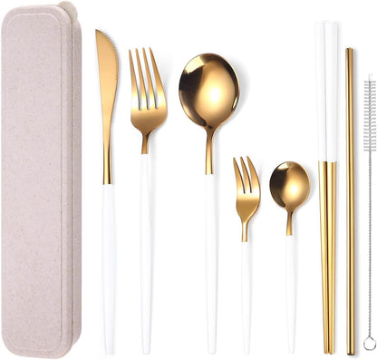 AARAINBOW 8 Pieces Stainless Steel Flatware Set Portable Reusable Cutlery Set Travel Utensils Set Including Chopsticks Knife Fork Spoon Straws Cleaning Brush Dishwasher Safe (Pink Golden)