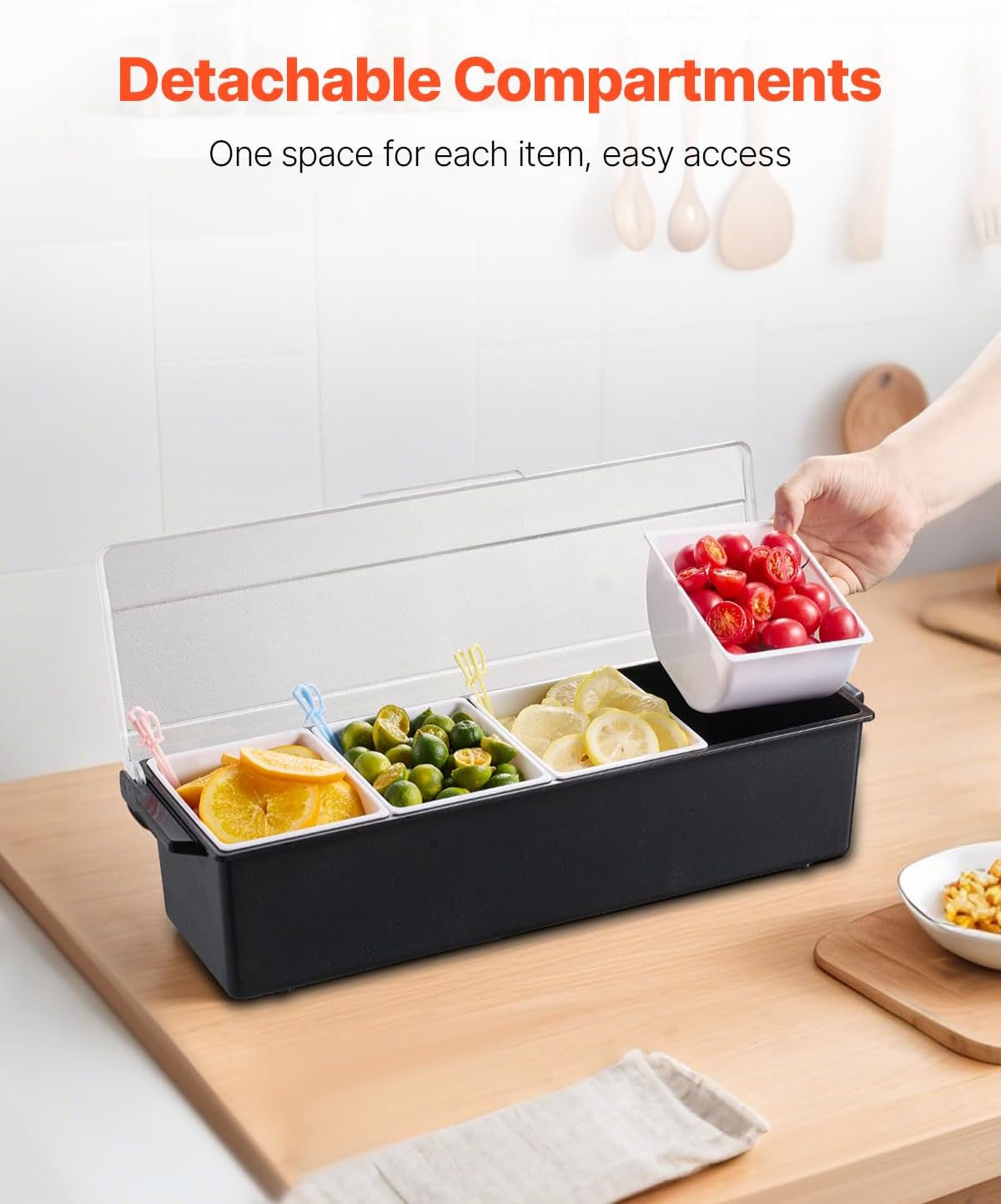 VEVOR Chilled Condiment Server Caddy, 5 Compartment Ice Cooled Serving Container, Plastic Fruit Garnish Tray Platter with Lid, for Taco Salad Bar Accessories, Party Home Restaurant Supplies