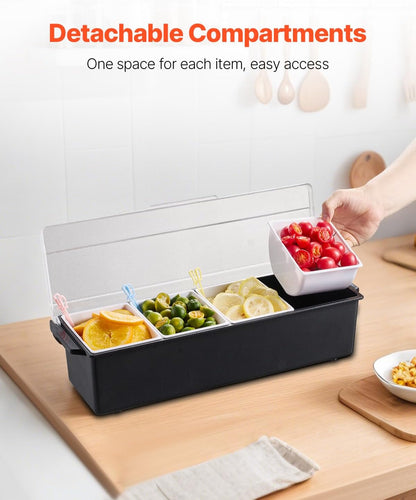 VEVOR Chilled Condiment Server Caddy, 5 Compartment Ice Cooled Serving Container, Plastic Fruit Garnish Tray Platter with Lid, for Taco Salad Bar Accessories, Party Home Restaurant Supplies