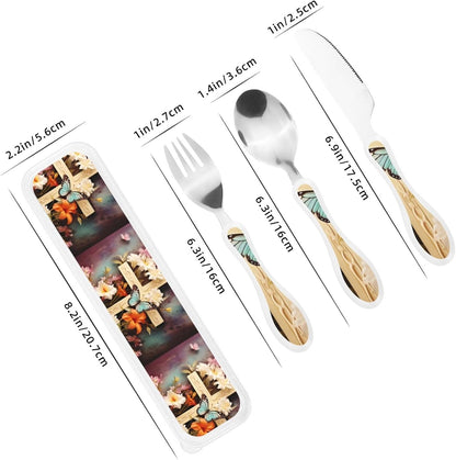 Stainless Steel Kids Silverware Set, Flower Branches On The Cross Utensil Set Reusable Children Safe Knife Spoon Fork Set With Storage Case Dishwasher Safe For Lunch, Travel Outdoors