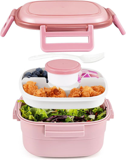 Salad Container for Lunch - 55 oz Salad Bowl with 4-Compartment Bento-Style Tray, 3 oz Sauce Box, Reusable Spork & BPA-Free, Lunch Box for Meal Prep & Food Storage(Gray)