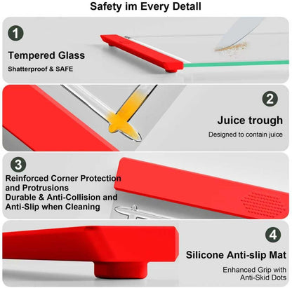 Tempered Glass Cutting Board Set for Kitchen Counter - Dishwasher Safe with Juice Grooves, Non-Slip Silicone Edges & Beveled Grip - 16"x12" & 12"x8" Serving Tray (Blue)