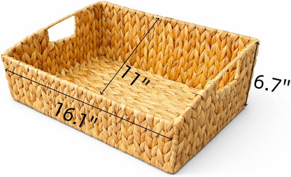Handwoven Water Hyacinth Storage Basket with Cutout Handles – Natural Rectangular Woven Organizer for Shelves, Closets, Living Room & Home Decor