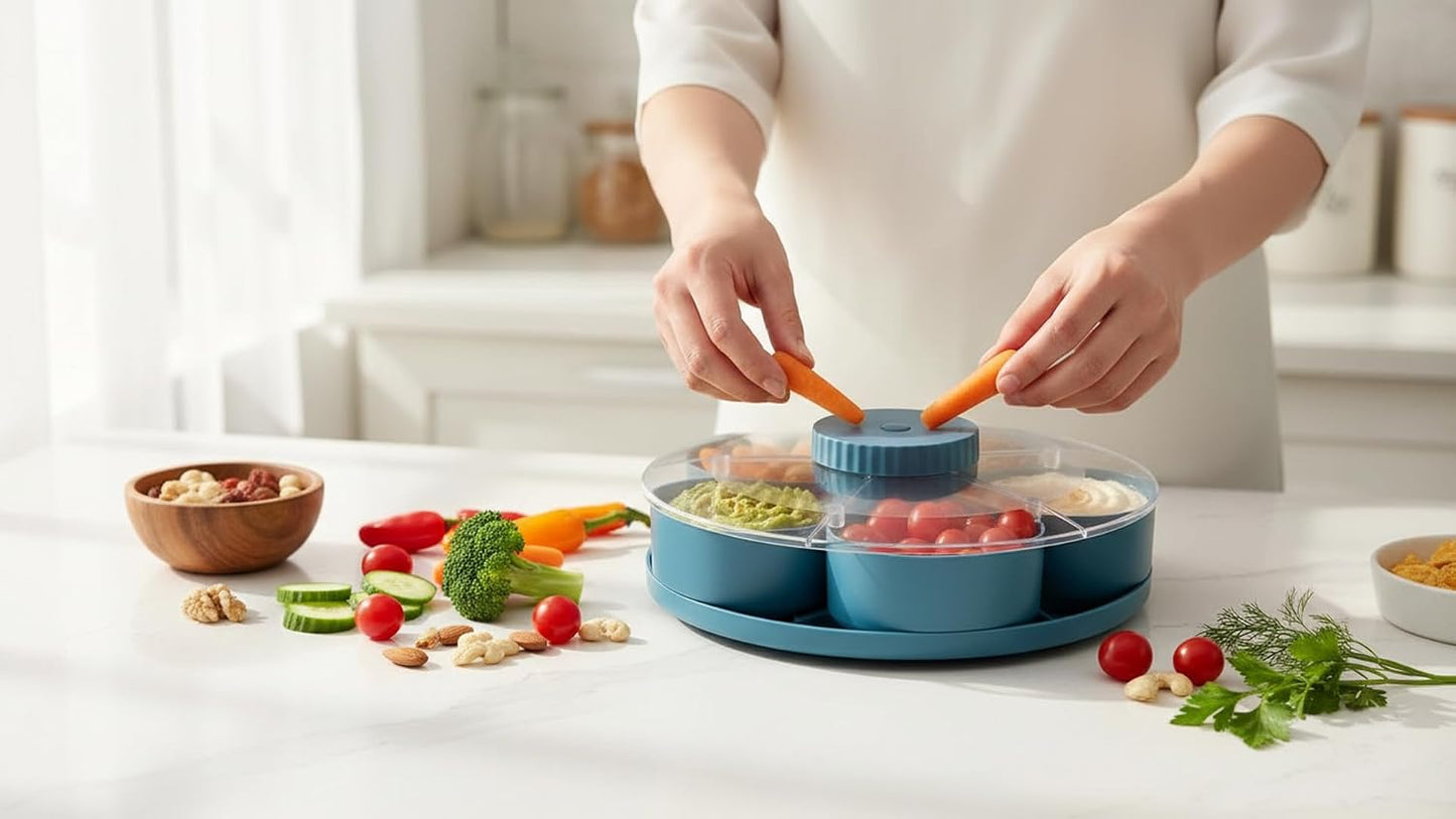 Rotating Divided Serving Tray with Lid - 5 Compartments Lazy Susan Snack Organizer, BPA-Free Spin Tray for Snacks, Dips, Veggies, Fruits | Perfect for Parties, Kitchen, Travel & Picnic (Blue)