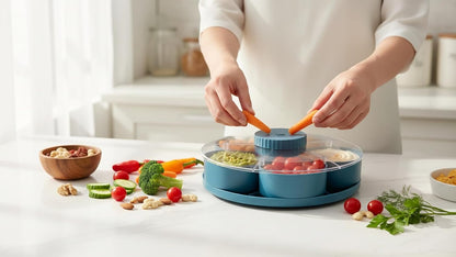 Rotating Divided Serving Tray with Lid - 5 Compartments Lazy Susan Snack Organizer, BPA-Free Spin Tray for Snacks, Dips, Veggies, Fruits | Perfect for Parties, Kitchen, Travel & Picnic (Blue)