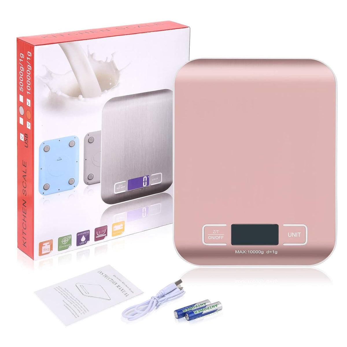 Digital Shipping Scale,Stainless Steel Panel, Accurate Portable Postal Scale for Packages, Small Business,Kitchen, Food, Handmade, Liquids, and Boutique (Rose Gold Battery(5kg/1g))