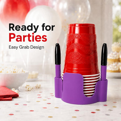Party Cup Dispenser with Marker Holder – Stackable Plastic Cup Organizer for Parties, Events, BBQs, Picnics, Graduations & Drink Stations, Cup and Marker Caddy, Black (Red)