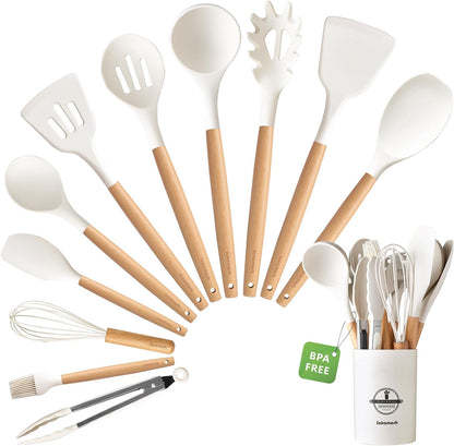 SAKAMOSH Silicone Cooking Utensils Set with Holder, 12 Pcs Heat Resistant Kitchen Utensils Set with Wooden Handle, BPA-free Spatula, Tongs, Spoons Set for Nonstick Cookware, Black