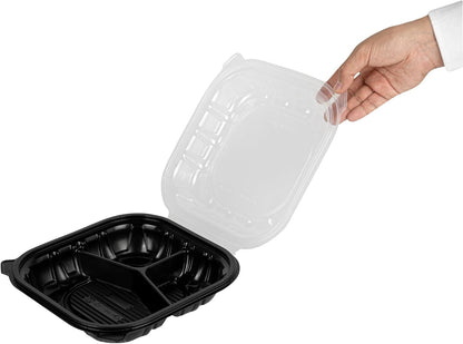 Thermo Tek 40 Ounce Clamshell Containers, 50 Disposable Take Out Boxes - 3 Compartments, Ventilated Lids, Black Plastic Meal Prep Containers, Microwavable, For Pasta Or Salads - Restaurantware