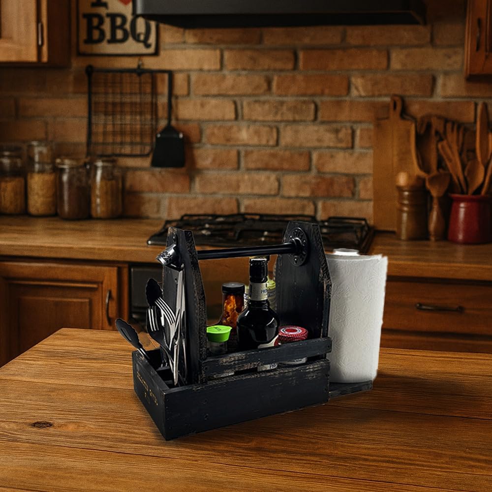 Wooden Grill Caddy Organizer - Versatile BBQ Caddy for Outdoor grill - Portable rustic wood condiment and paper towel holder with bottle opener for picnic and grilling
