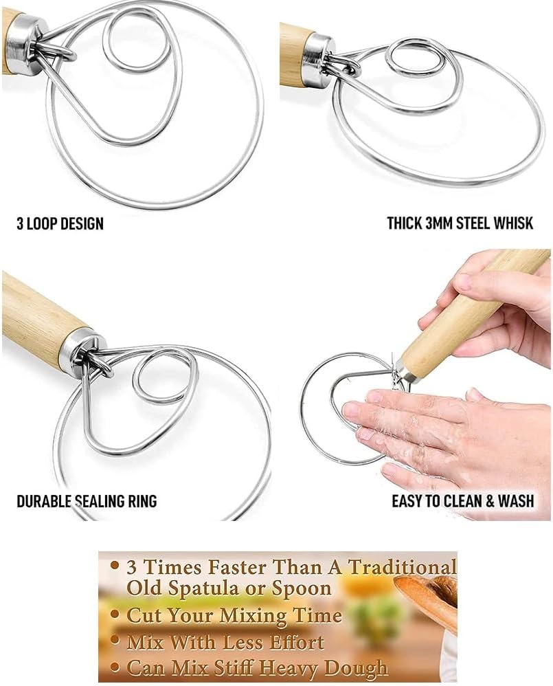 Danish Dough Whisk with Dough Scraper Bread Lame with 5 Blades and Leather Cover 13" Dutch Bread Whisk Bread Mixer Stainless Steel Dutch Bread Dough Whisk Hand Mixer for Sourdough, Pizza, Pastry, Cake
