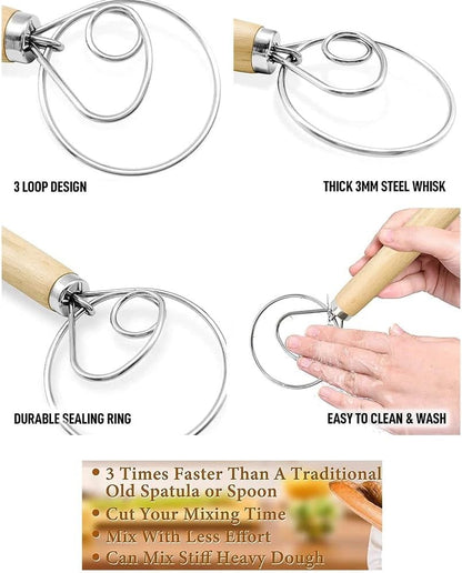 Danish Dough Whisk with Dough Scraper Bread Lame with 5 Blades and Leather Cover 13" Dutch Bread Whisk Bread Mixer Stainless Steel Dutch Bread Dough Whisk Hand Mixer for Sourdough, Pizza, Pastry, Cake