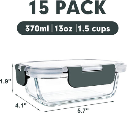 M MCIRCO [15-Pack,13 oz 1.5 Cup Glass Meal Prep Containers, Small Glass Food Storage Containers with Lids,Airtight Lunch Containers, Microwave, Oven, Freezer and Dishwasher Friendly, BPA-free