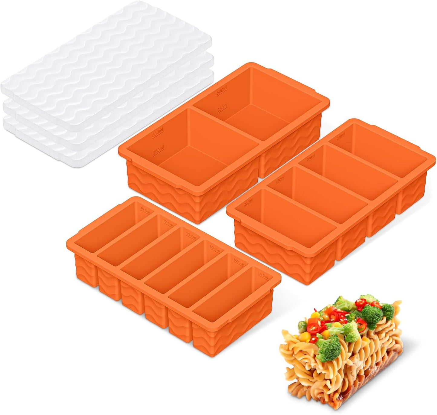 3-Pack Silicone Freezer Trays with Lid,2 Large 2-Cup(500ml)&4 Medium 1-Cup(250ml)&6 Small 1/2-Cup(125ml) Soup Freezer Container Molds,Ice Cube Tray For Meal Prep&Freezing Soup,Stews,Sauces