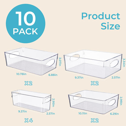 UFORU 10 Pack Clear Pantry Organizers and Storage, Stackable Plastic Storage Bins with Handles, Clear Storage Bins for Kitchen, Fridge, Freezer, Cabinet and Containers for Pantry Organization