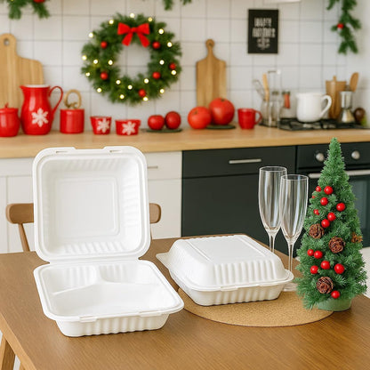 3-Compartment Clamshell Food Containers, Heavy Duty Plastic To Go Boxes with Hinged Lid, Microwave, Freezer & Dishwasher Safe, BPA-Free Takeout Trays for Meal Prep (White) (30, WHITE, 9 * 9inch)