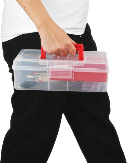 JUXYES Clear Art Craft Supply Storage Bin Sewing Box With Handle Lid | Clear Stackable Latching Craft Storage Bin for School Office, Organizing Stationery, Sewing, Art Craft, DIY Supplies