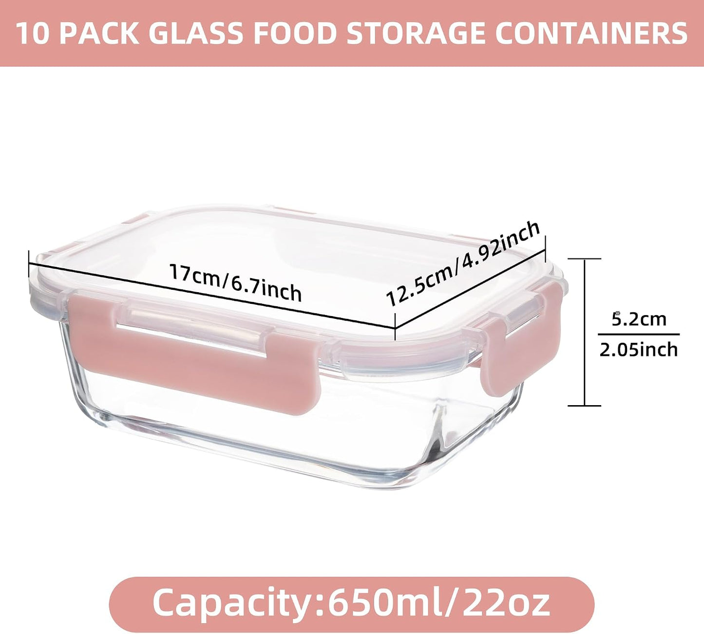 10 Pack 22 oz Glass Meal Prep Containers, Food Storage Containers with Lids, Airtight Leakproof Lunch Containers for Kitchen, Freezer, Microwave, Dishwasher Safe (Grey)