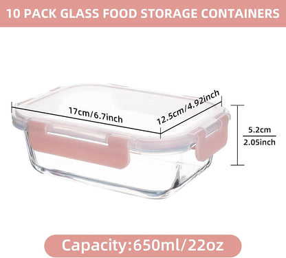 10 Pack 22 oz Glass Meal Prep Containers, Food Storage Containers with Lids, Airtight Leakproof Lunch Containers for Kitchen, Freezer, Microwave, Dishwasher Safe (Grey)