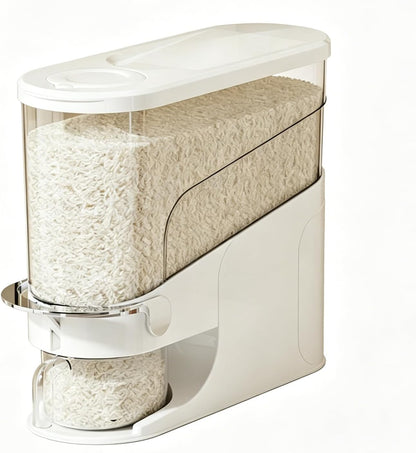 Rice Dispenser 11 Lb, Slim Rice Storage Container with Double Sealing Strip, Press to Dispense Cereal Container Airtight for Kitchen Pantry Organization, (Ivory White-11lb)