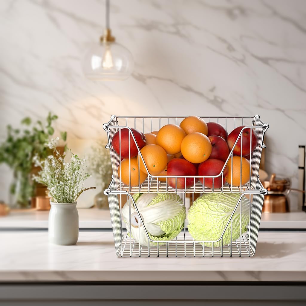 Slideep Wire Storage Baskets, Freezer Baskets Farmhouse Stackable Organizer Storage Bins Large Organizer for Storage, Office, Bathroom, Pantry Organization Storage with Handles 14" Black -Set of 3
