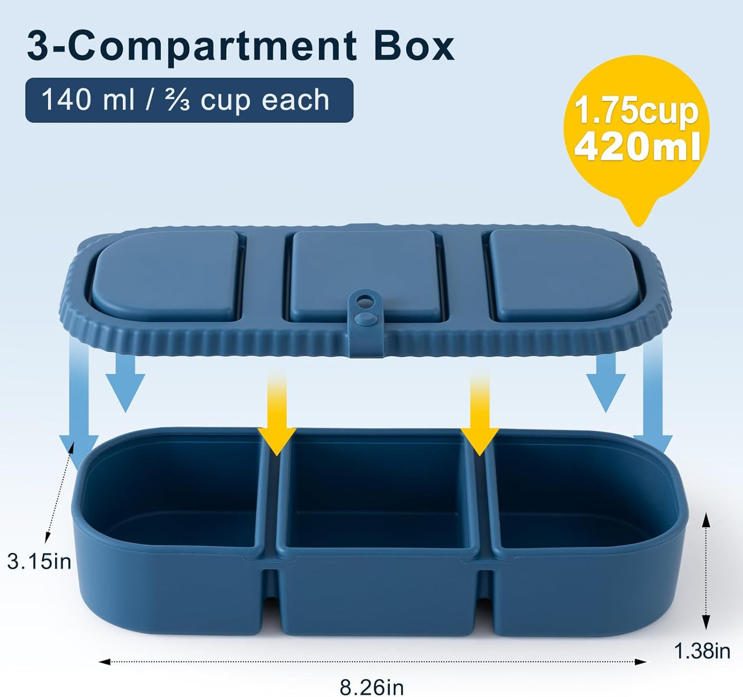 Silicone Reusable Snack Containers with Lids, 4 Pack 3 Compartment Bento Snack Boxes, Leakproof Food Storage Containers for Meal Prep, Lunch, Fruits, Kids & Adults, Dishwasher Safe