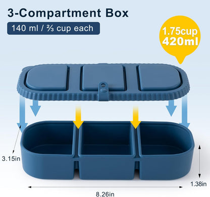 Silicone Reusable Snack Containers with Lids, 4 Pack 3 Compartment Bento Snack Boxes, Leakproof Food Storage Containers for Meal Prep, Lunch, Fruits, Kids & Adults, Dishwasher Safe