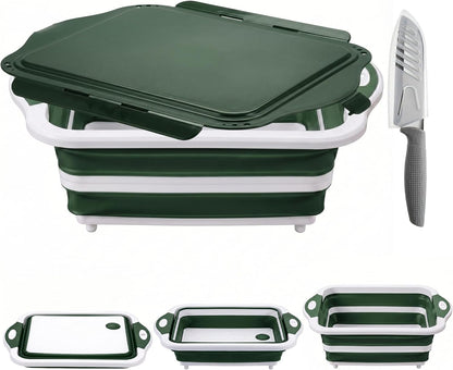 Collapsible BBQ Prep Tub with Lid, Foldable Camping Sink with Colander, Cutting Board, Dish Basin for Kitchen, Bowl, Vegetable and Fruit, Storage Basket for Picnic-Black