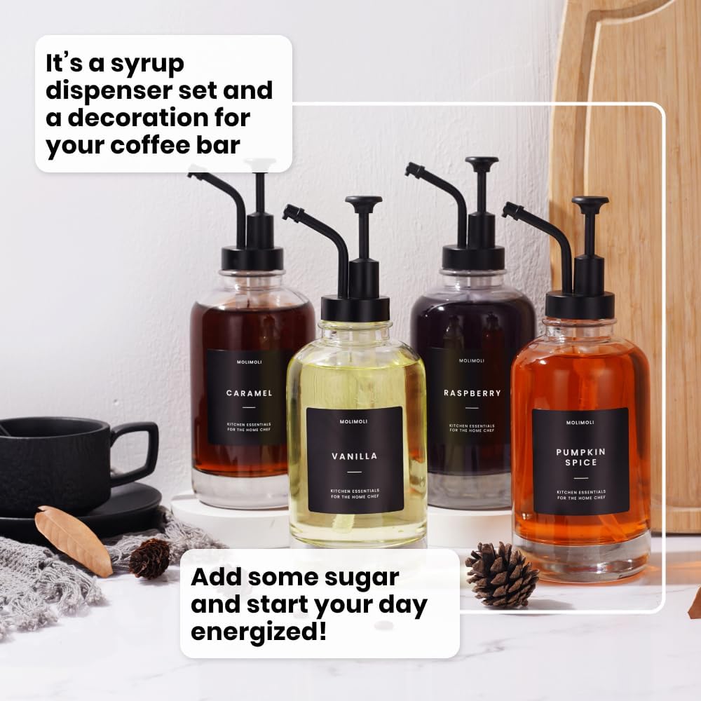 Molimoli Syrup Dispenser for Coffee Bars, Glass Syrup Bottle w. Pump, 16.9 oz 500 ml, Gold Upgraded Dispenser