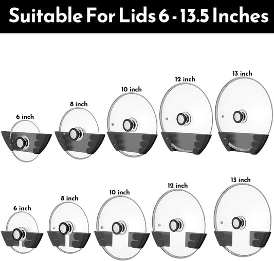 Universal Adjustable Pot Lid Holder Organizer for Cabinet - Upgraded Patented Niceyos Pan Lids Organizers Inside Cabinet Door Wall Mount Pots Top Rack for Kitchen Cupboard Fit 6" to 13" (Black)