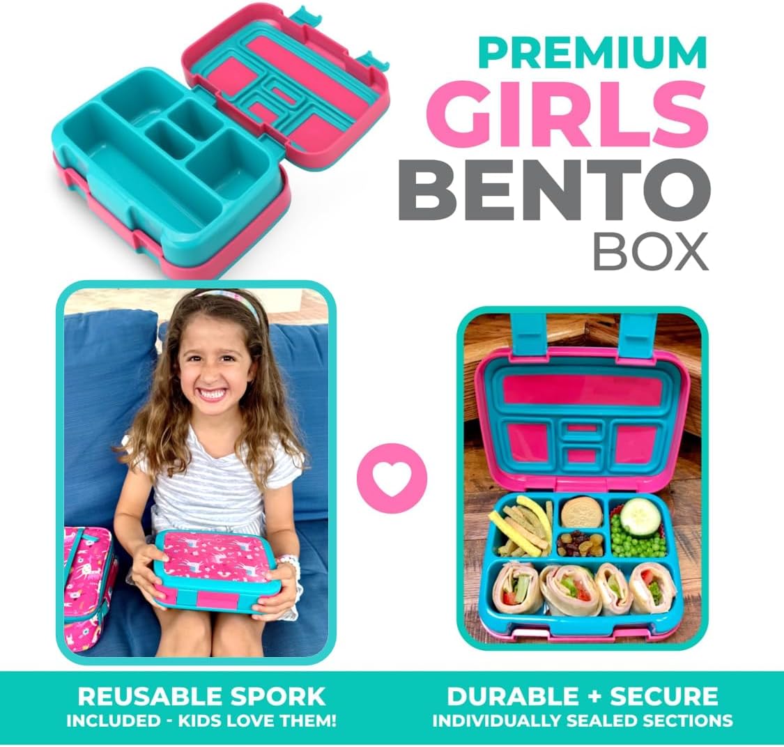 Kinsho Bento Lunch Box for Kids Toddlers, 5 Portion Control Sections, BPA Free Removable Plastic Tray, Pre-School Kid Toddler Daycare Lunches, Snack Container Ages 3 to 7 (Blue Space Rockets)