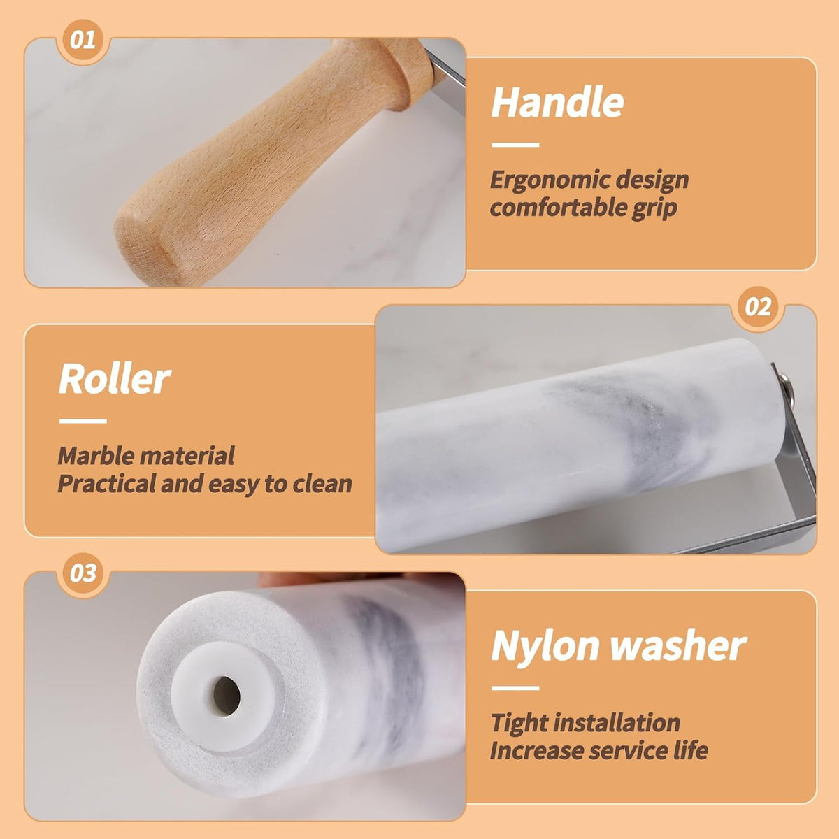 Small Marble Rolling Pin Pizza Roller for Baking (Type B Black)