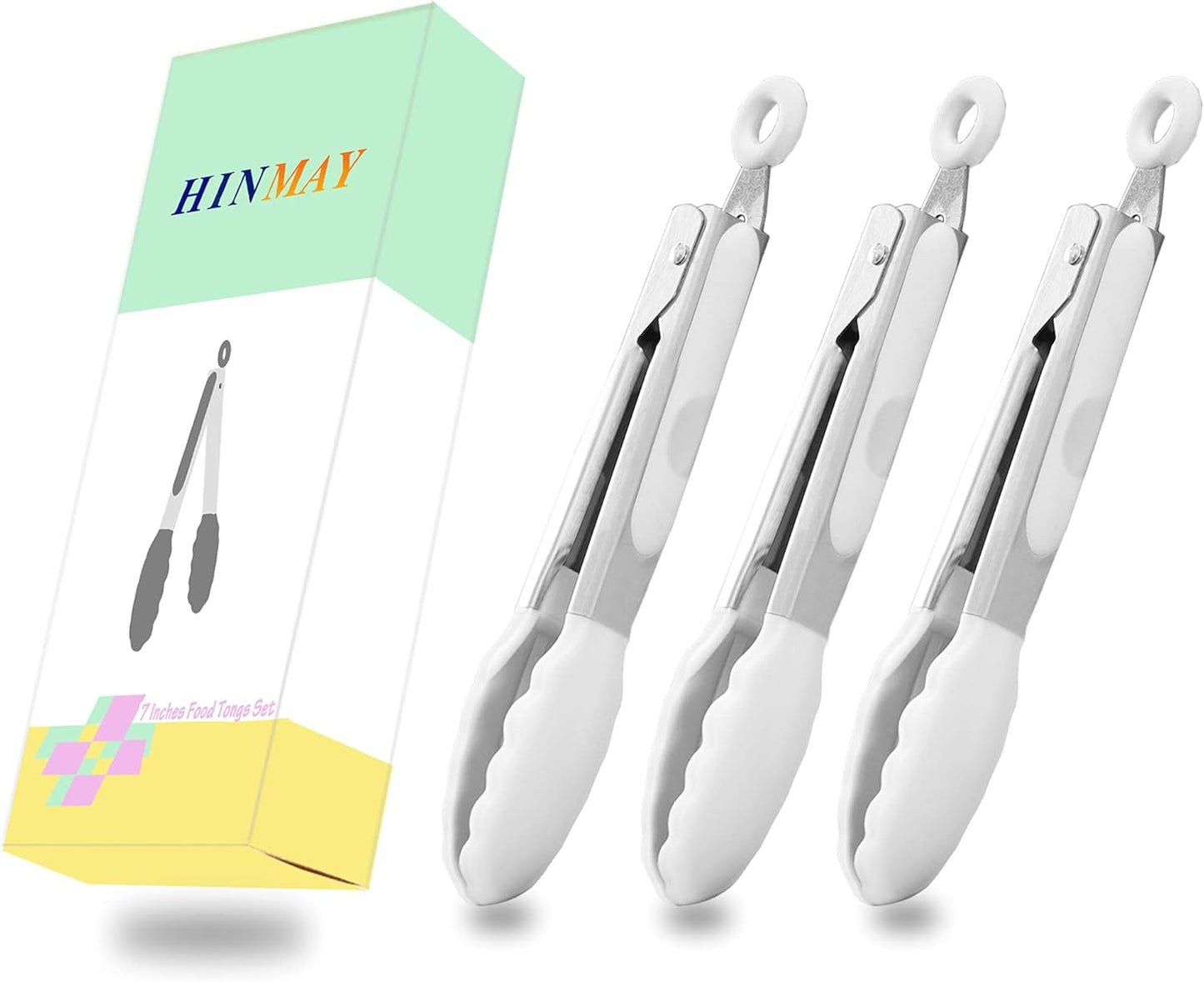 HINMAY Small Silicone Tongs 7-Inch Mini Serving Tongs, Set of 3 (Black Gray White)