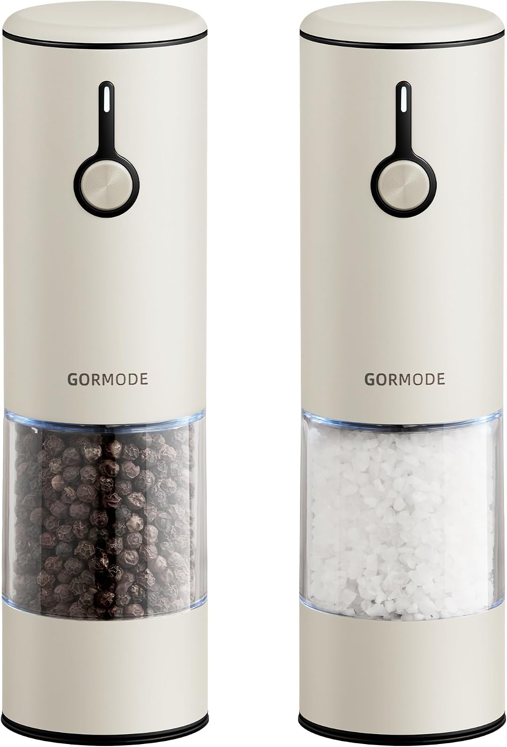 Stainless Steel Rechargeable Electric Salt and Pepper Grinder Set – USB Charging, One-Hand Electric Mill, Adjustable Coarseness, LED Light & Dust Cover –2pack(Greige & Buttercream)