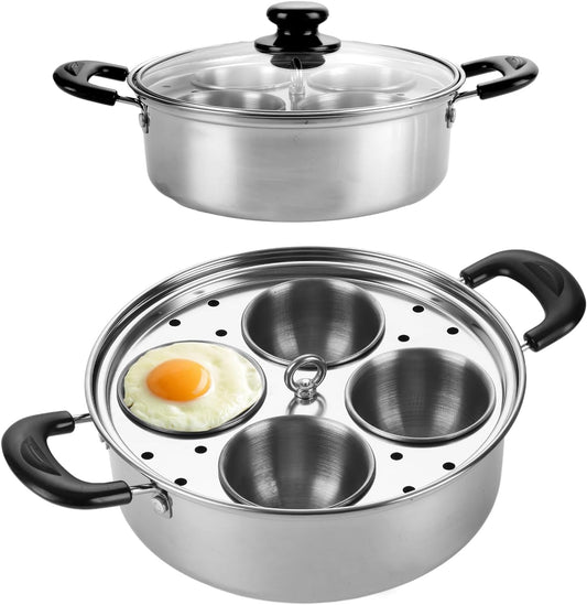 Egg Poacher Pan with 4 Cups Stainless Steel Egg Poaching Pan for Kitchen, Dishwasher Safe Egg Cooker with Glass Lid and Heat Resistant Handle