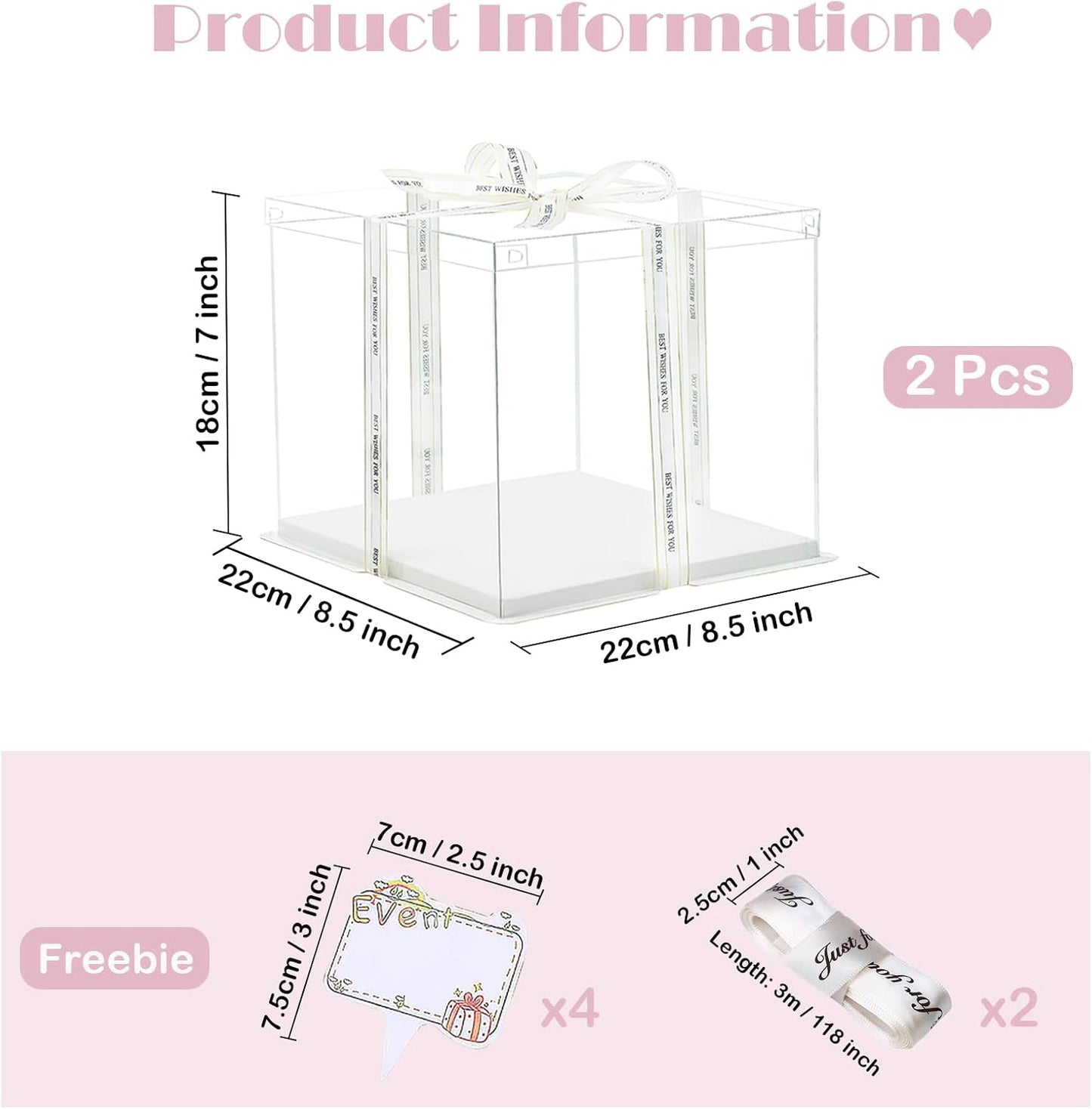 Clear Cake Box, 2 Pcs Transparent Cake Carrier Box with Lids, 4'' PET Packaging Boxes with Ribbon Gift Card for Pastries, Clear Gift Boxes for Birthday, Wedding and Festival Party, White.