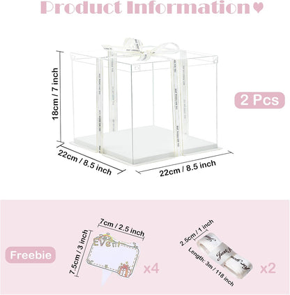Clear Cake Box, 2 Pcs Transparent Cake Carrier Box with Lids, 4'' PET Packaging Boxes with Ribbon Gift Card for Pastries, Clear Gift Boxes for Birthday, Wedding and Festival Party, White.
