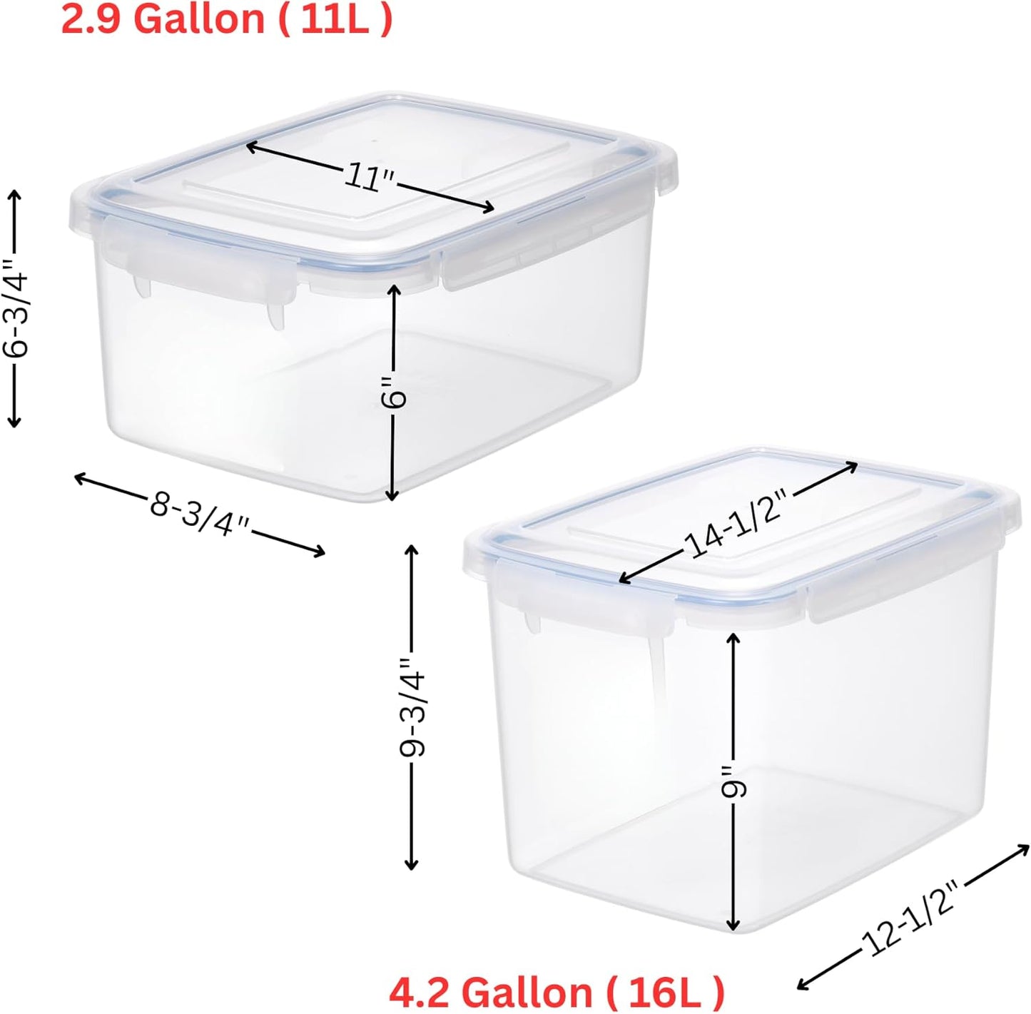 Lustroware Jumbo Food Storage Container Set of 2 with Lids – 12 & 17 Quart Airtight Latching Boxes, Heavy-Duty Stackable Bins for Rice, Flour, Pet Food, Closet, Pantry, Kitchen, Pantry, Made in Japan
