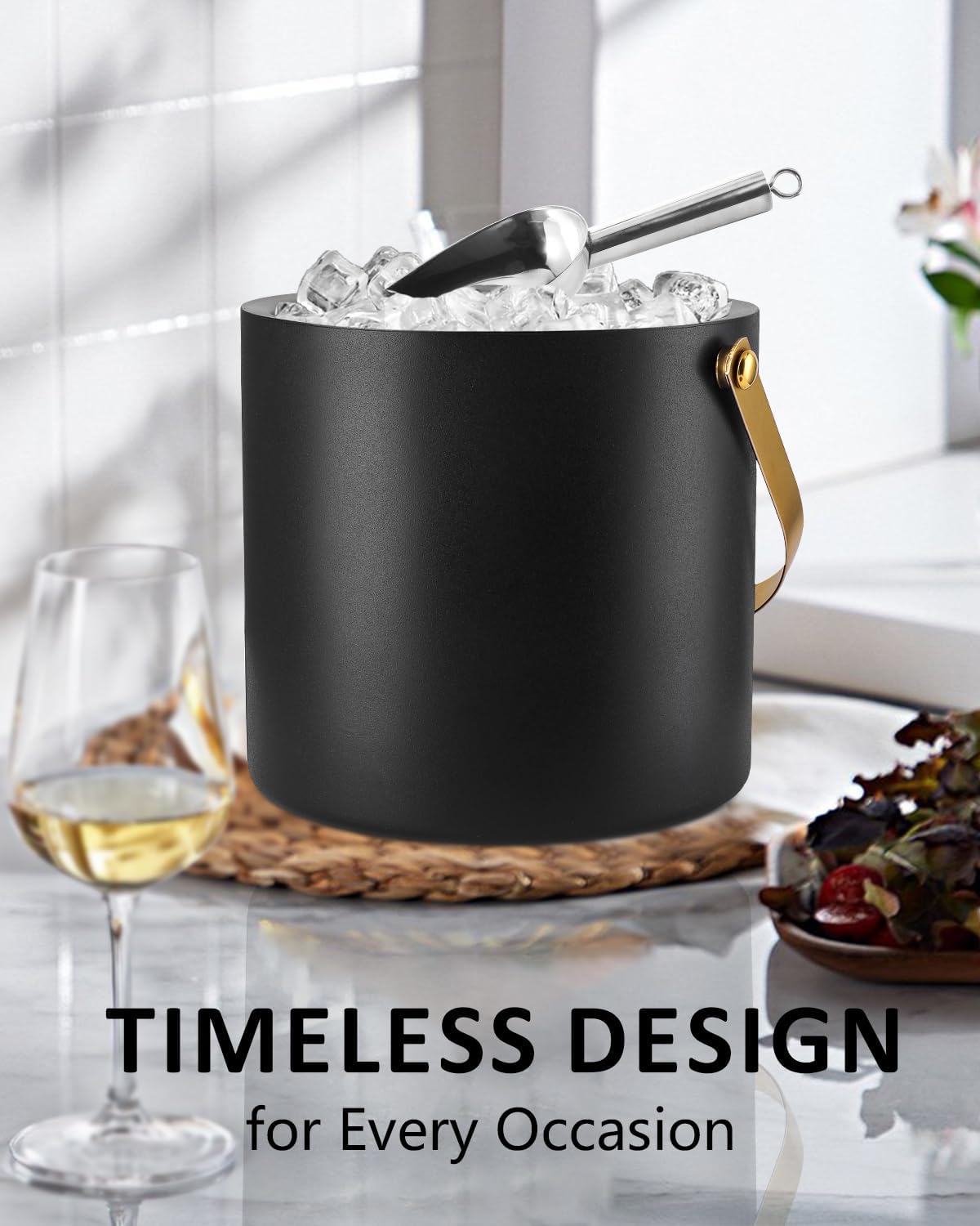 Bakpoco Insulated Ice Bucket with Silicone Lid, Scoop, Tongs & Strainer, 3L Stainless Steel Double Wall Ice Buckets for Parties & Cocktail Bar, Champagne Ice Bucket with Lid for Freezer, Ivory