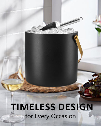 Bakpoco Insulated Ice Bucket with Silicone Lid, Scoop, Tongs & Strainer, 3L Stainless Steel Double Wall Ice Buckets for Parties & Cocktail Bar, Champagne Ice Bucket with Lid for Freezer, Ivory