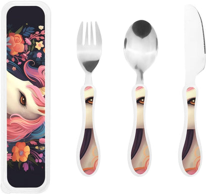 3-Piece Kids Silverware Set With Storage Case, Stainless Steel Reusable Children Safe Knife Spoon Fork Set African Animals Children Flatware Set For Kids Lunch Box
