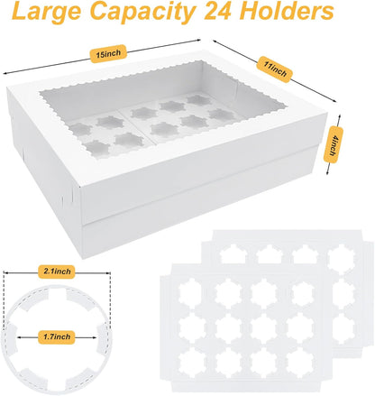 2 Pack White Mini Cupcake Boxes Holder for 24 Cupcakes, Food Grade Dessert Muffins Box Containers with Window and Inserts for Birthday Holiday Party Bakery Supplies