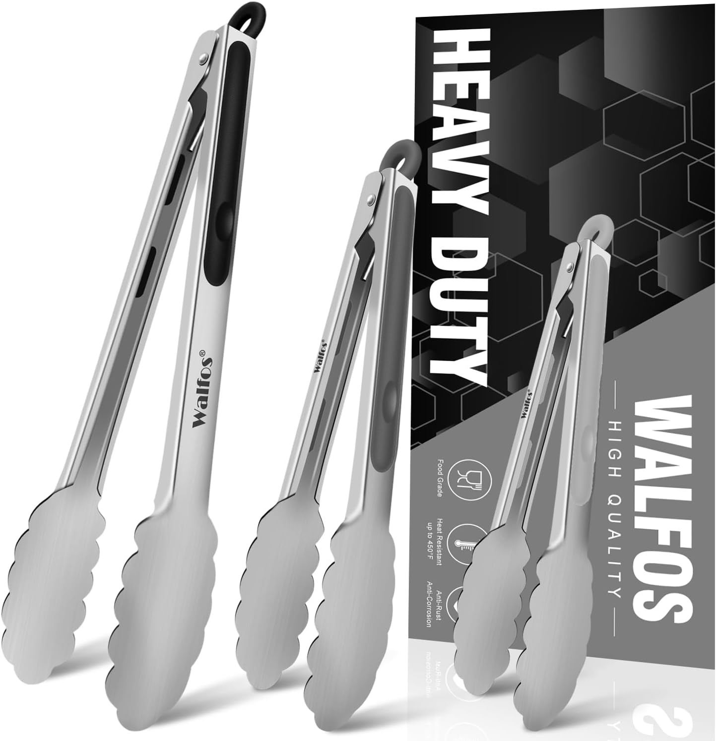 Walfos Kitchen Tongs for Cooking, 600℉ Heat Resistant Stainless Steel Tongs, All Metal Heavy Duty Tongs For Food ,BBQ Grilling - 7 ，9 and 12 Inch ,Set of 3
