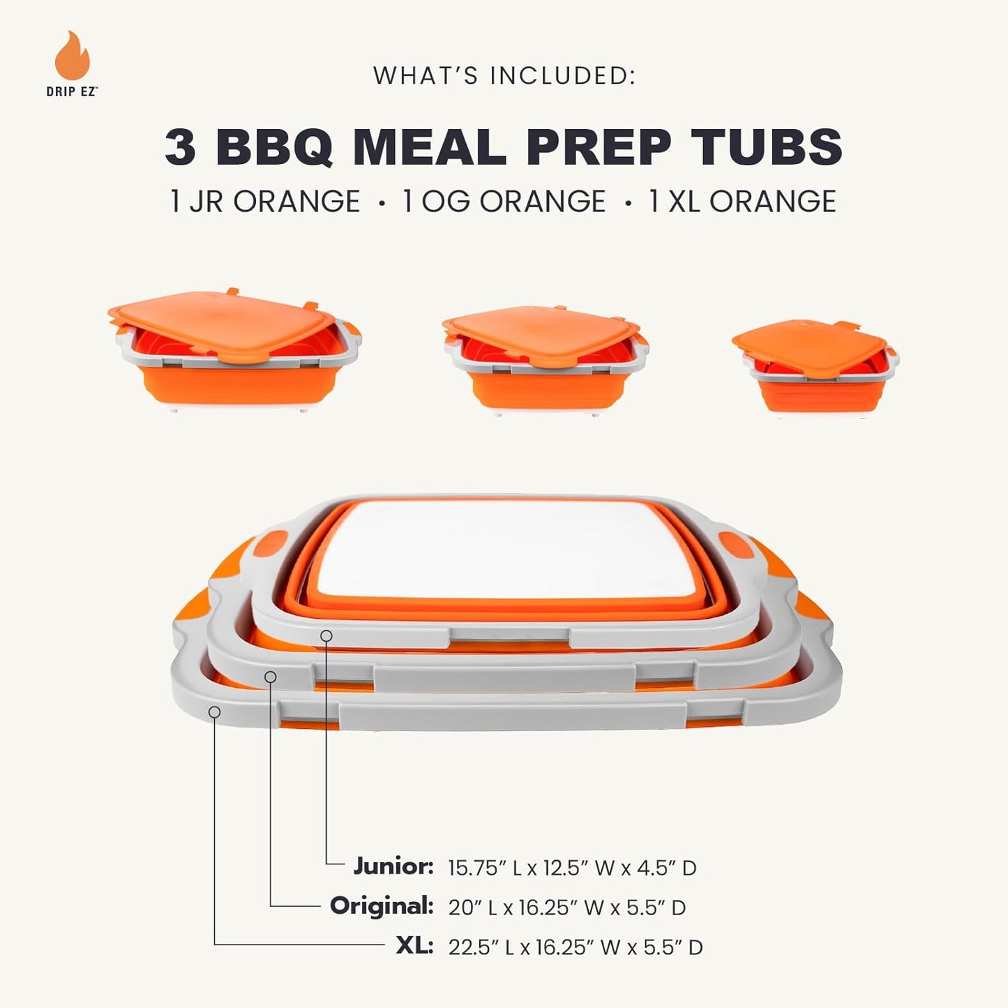 Drip EZ Collapsible BBQ Prep Tubs 3-Piece Set- For Meal Prep Marinating Food Storage - Includes Cutting Board & Lid - (1) JR + (1) OG + (1) XL - Black